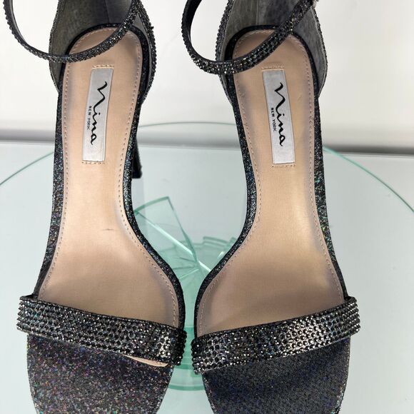 Nina Dayzee Heel Sandals Rhinestone Ankle Strap Black Iridescent - Picture 3 of 8